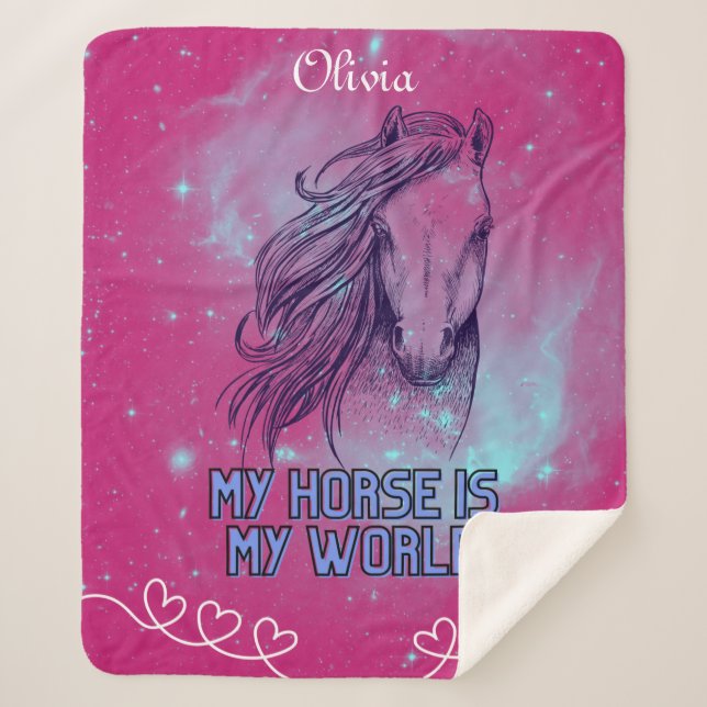 My Horse Is My World Magenta  Sherpa Blanket (Front)