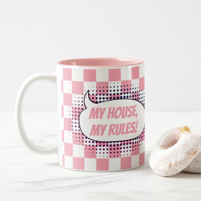 "My house, my rules!" checkered background Two-Tone Coffee Mug (With Donut)