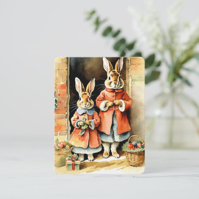 my illustration christmas bunnies vintage holiday card (Standing Front)