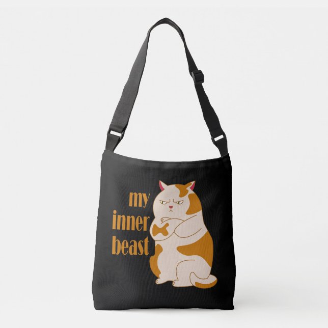 My inner beast lazy fat cat motivational quote crossbody bag (Front)