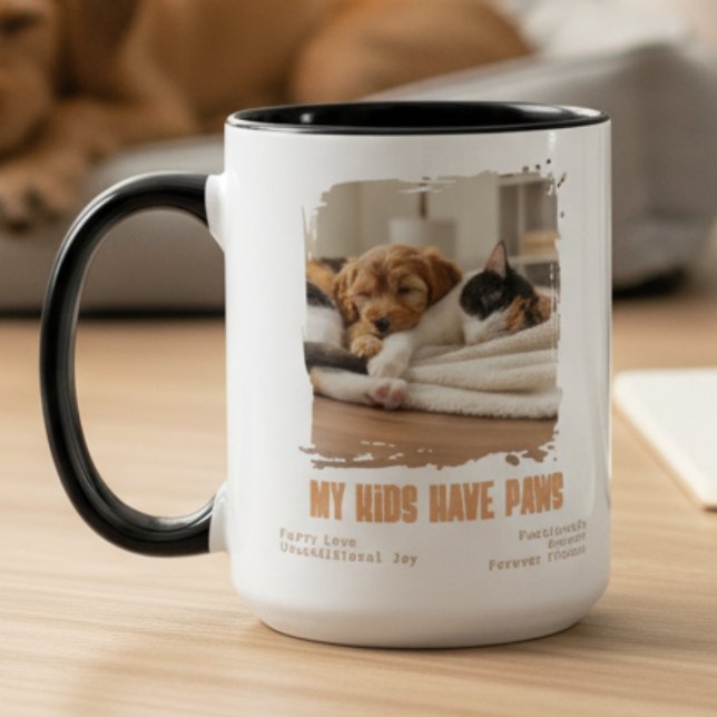 My Kids Have Paws Photo Pet Parent Rescue Two-Tone Coffee Mug (Custom photo mug for pet parents with "My Kids Have Paws" text — perfect holiday gift idea for her)