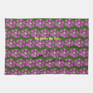 "my kitchen my Rule" elegant purpleflowers floral Tea Towel