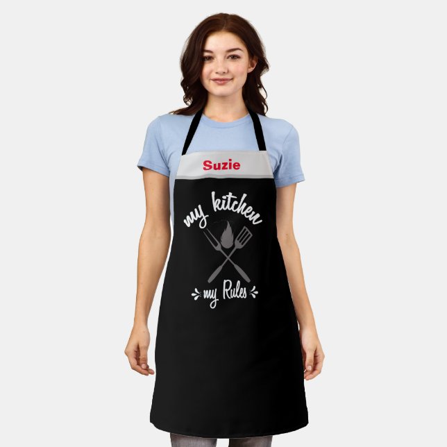 My Kitchen My Rules Black Chef Name Personalised Apron (Worn)