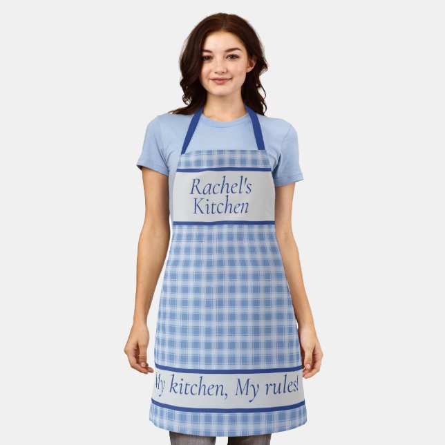 My Kitchen, My Rules Blue Plaid Personalised Apron (Worn)