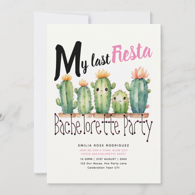 My Last Fiesta Bachelorette Party Cacti Theme Invitation (Front)