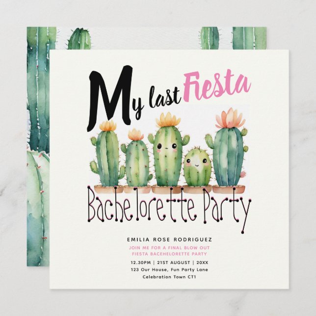 My Last Fiesta Bachelorette Party Cacti Theme Invitation (Front/Back)