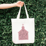 My little church bag cute pink kid's bag<br><div class="desc">"My little church bag" is a perfect gift for a little one to take along to church. This tote features a silhouette of a church with a cross on top with the wording on top and a place to customise a name. Makes a great baptism or Christening gift.</div>