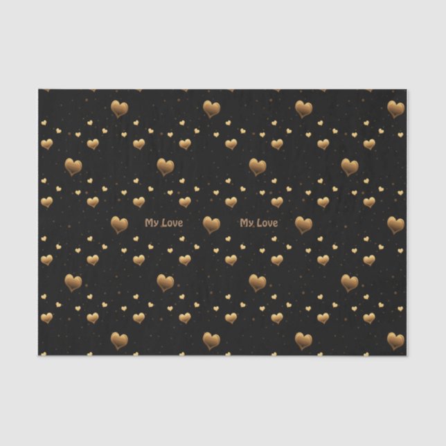 My Love Elegant Gold Hearts on Black Tissue Paper (Front)