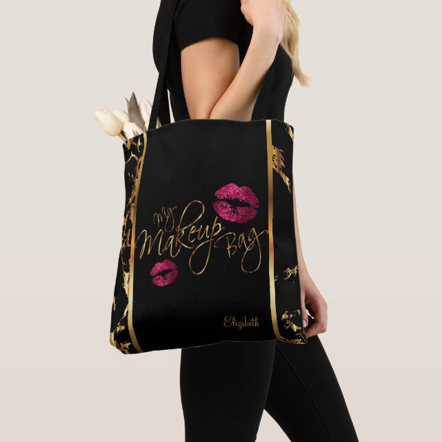 My Makeup Gold Marble Bag - Hot Pink Glitter Lips (Close Up)