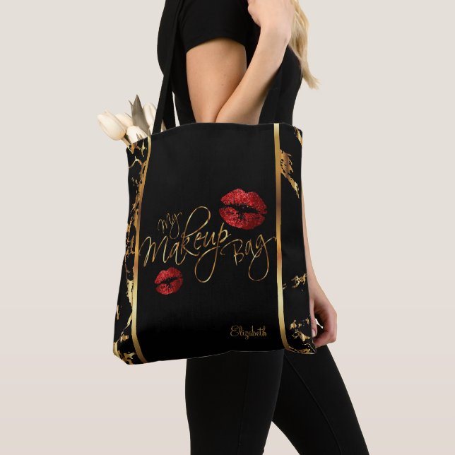 My Makeup Gold Marble Bag - Red Glitter Lips (Close Up)