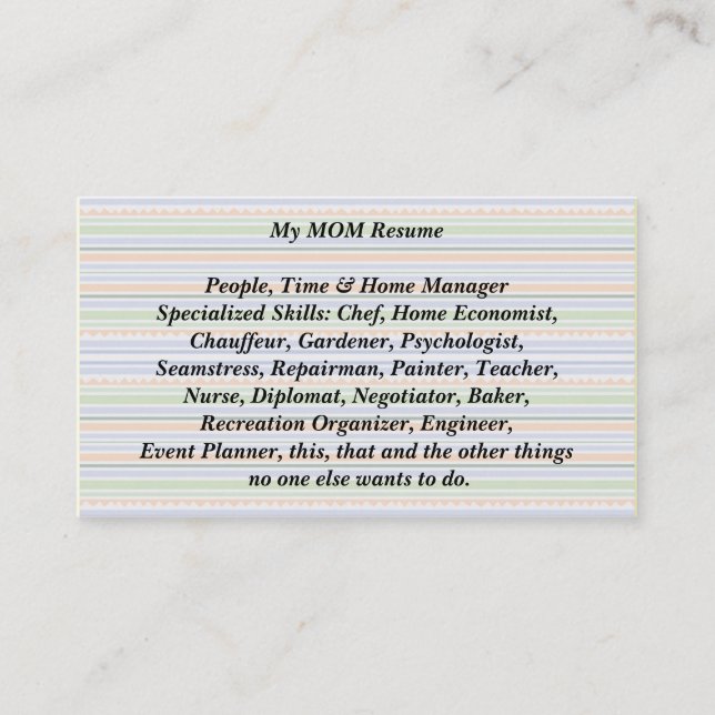 My Mum Resume Calling Card fun stripes (Front)