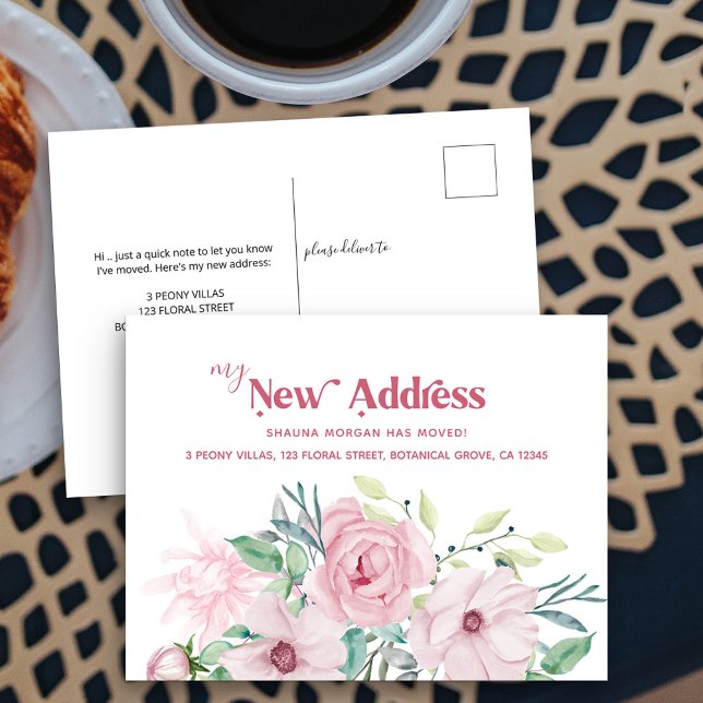 My New Address Peony Floral Moving Announcement (New Address postcard with pretty pink peony rose flowers)