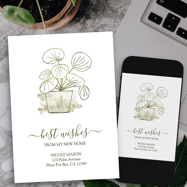 My New Home Elegant Chinese Money Plant Moving Announcement (potted plant new address card available printed or as printable digital download)