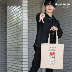 My Pawsome Valentine Cute Pug & Red Heart Black Tote Bag