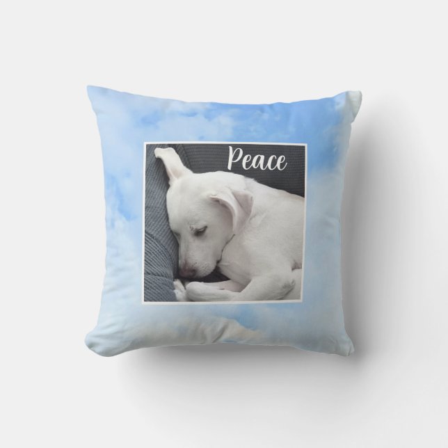 My Peace I Give You Bible Verse Dog in Blue Sky Cushion (Front)