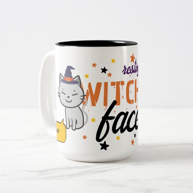 My Resting Witch Face Is Cute | Stars, Cat, Witchy Two-Tone Coffee Mug (Front Left)