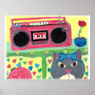 My Room Boombox Girl Cat Folk Art Cute Teen Poster