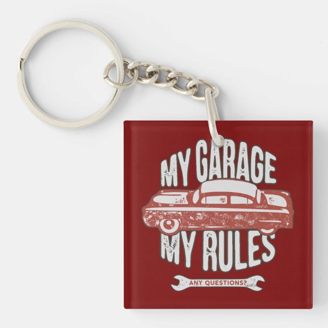 My Rules Classic Red Car Retro Mechanic Key Ring (Front)
