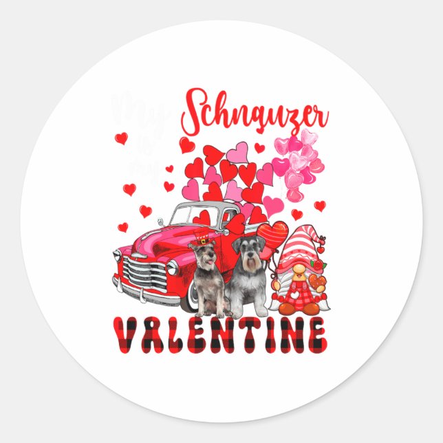My Schnauzer Is My Valentine Two Dogs With Gnome P Classic Round Sticker (Front)