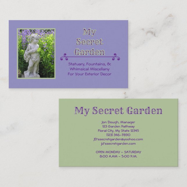 "My Secret Garden" Cherub Statue In Garden Business Card (Front/Back)