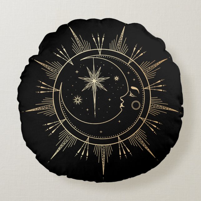 My Sun and Moon Celestial Faux Gold Black Round Cushion (Front)