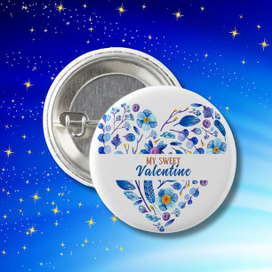 My Sweet Valentine Botanical Blue Floral Heart 3 Cm Round Badge