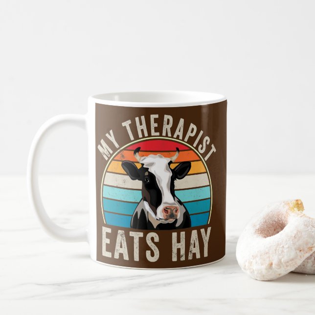 My Therapist Eats Hay Funny Farm Cow Lover Coffee Mug (With Donut)