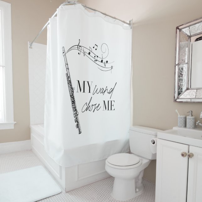 My Wand Chose Me Flute Black & White Quote Shower Curtain (In Situ)