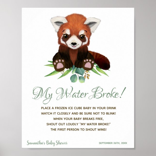 My Water Broke Game Baby Shower Sign Red Panda (Front)