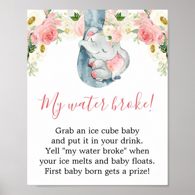 My water broke game girl baby shower elephant sign (Front)