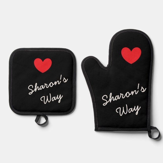 My Way:  Black & White with Heart -  Oven Mitt & Pot Holder Set (Front)