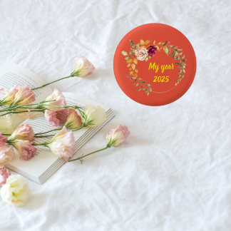 My Year 2025, Yellow Floral Flower Corolla Wreath  3 Cm Round Badge