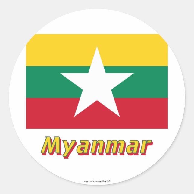 Myanmar Flag with Name  Classic Round Sticker (Front)