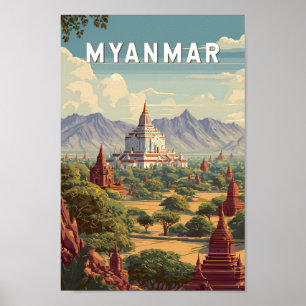 Myanmar Illustration Travel Art Vintage Poster