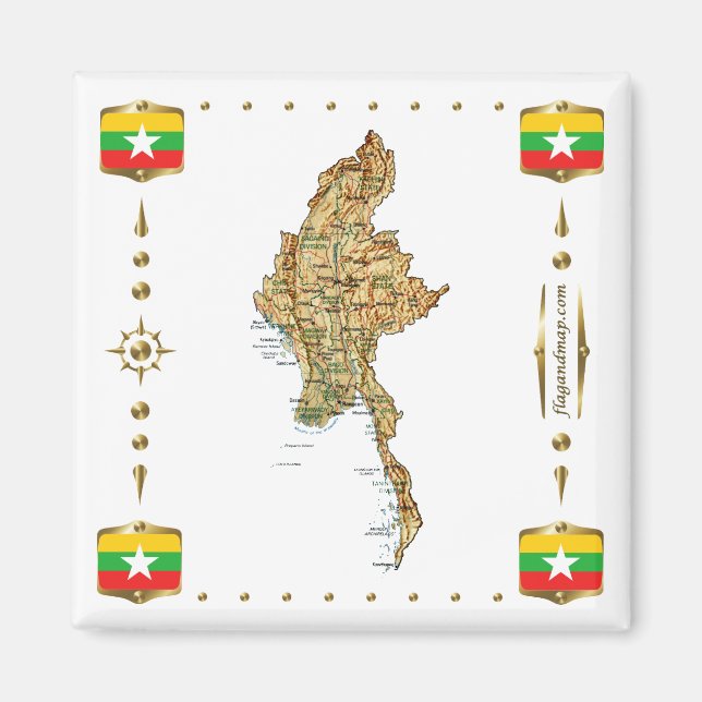 Myanmar Map + Flags Magnet (Front)
