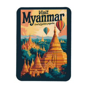 Myanmar Pagodas Illustration Travel Art Vintage Magnet