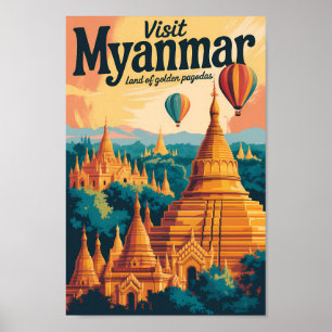 Myanmar Pagodas Illustration Travel Art Vintage Poster