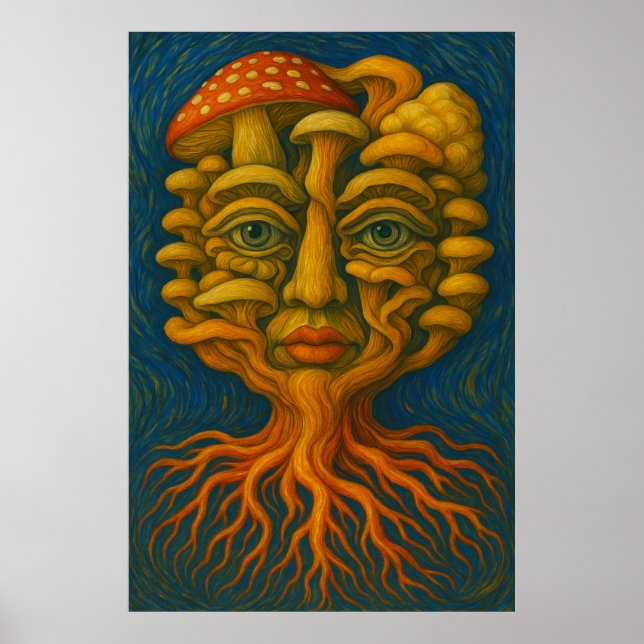 Mycelium Dreamscape - Surreal Mushroom Face Poster (Front)