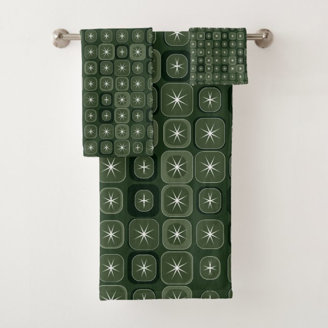 Mydeas | Dark Green Sparkle Line Retro Squares Bath Towel Set (Insitu)
