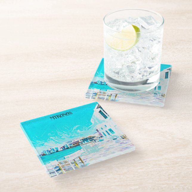Mykonos Greece Aegean Sea Oil Paint Illustration Glass Coaster (Angled)