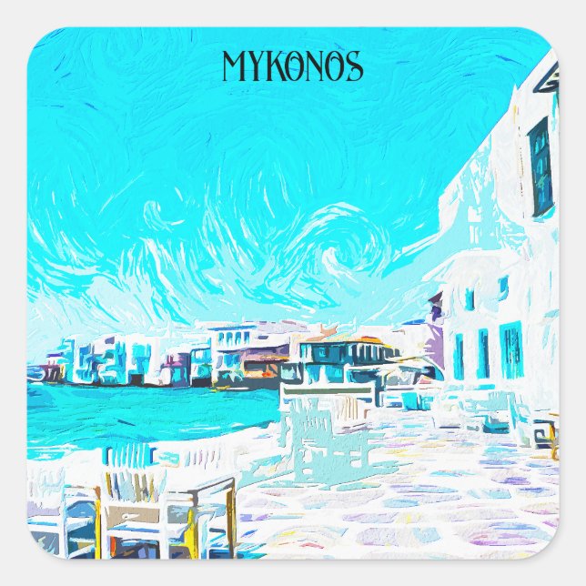 Mykonos Greece Aegean Sea Oil Paint Illustration Square Sticker (Front)