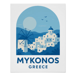 Mykonos Greece Blue Minimalist Travel Art Poster