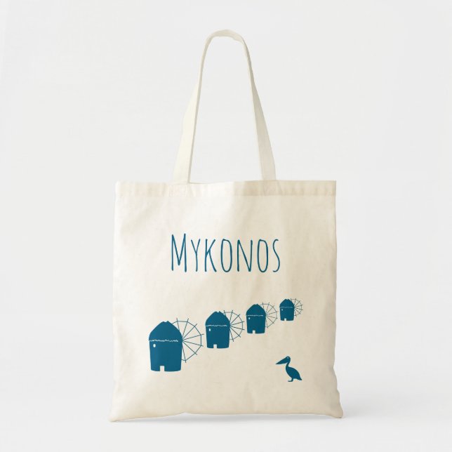 Mykonos, Greece: Iconic Windmills and pelican bird Tote Bag (Front)