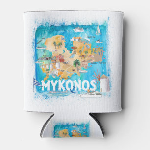 Mykonos Greece Illustrated Map with Landmarks Can Cooler