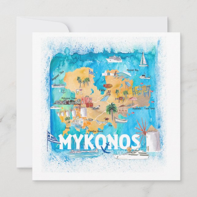 Mykonos Greece Illustrated Map with Landmarks Card (Front)