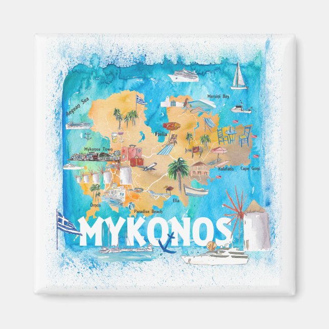 Mykonos Greece Illustrated Map with Landmarks Magnet (Front)
