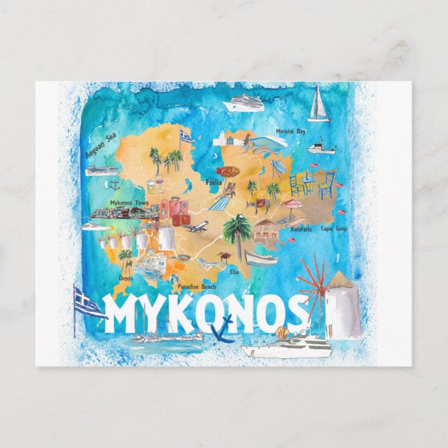 Mykonos Greece Illustrated Map with Landmarks Postcard (Front)