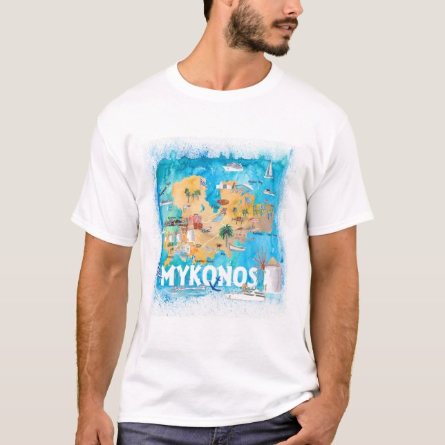 Mykonos Greece Illustrated Map with Landmarks T-Shirt (Front)
