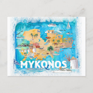Mykonos Greece Illustrated Map with Main Roads  Postcard
