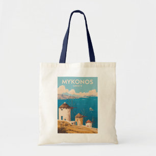 Mykonos Greece Illustration Travel Art Vintage Tote Bag